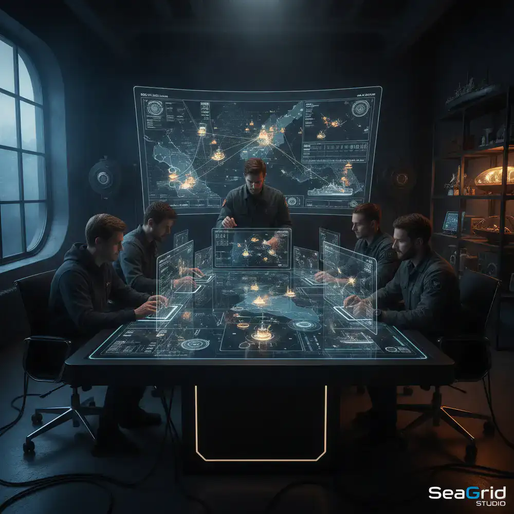 Equipo de desarrollo de SeaGrid Studio diseñando tableros tácticos